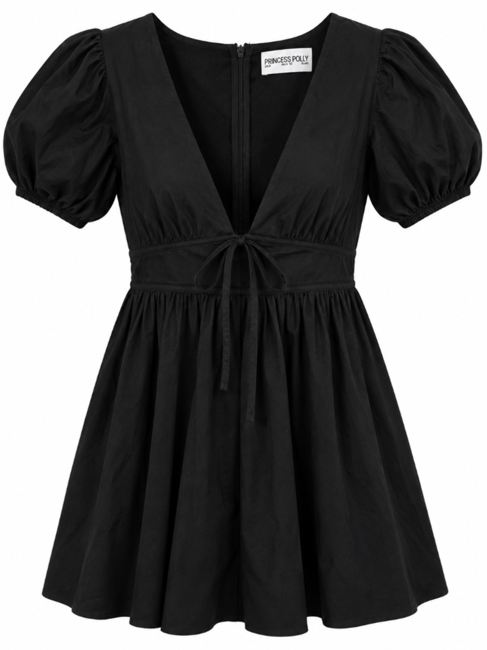 Princess Polly Black Puff Sleeve poplin Tie Front Mini Dress